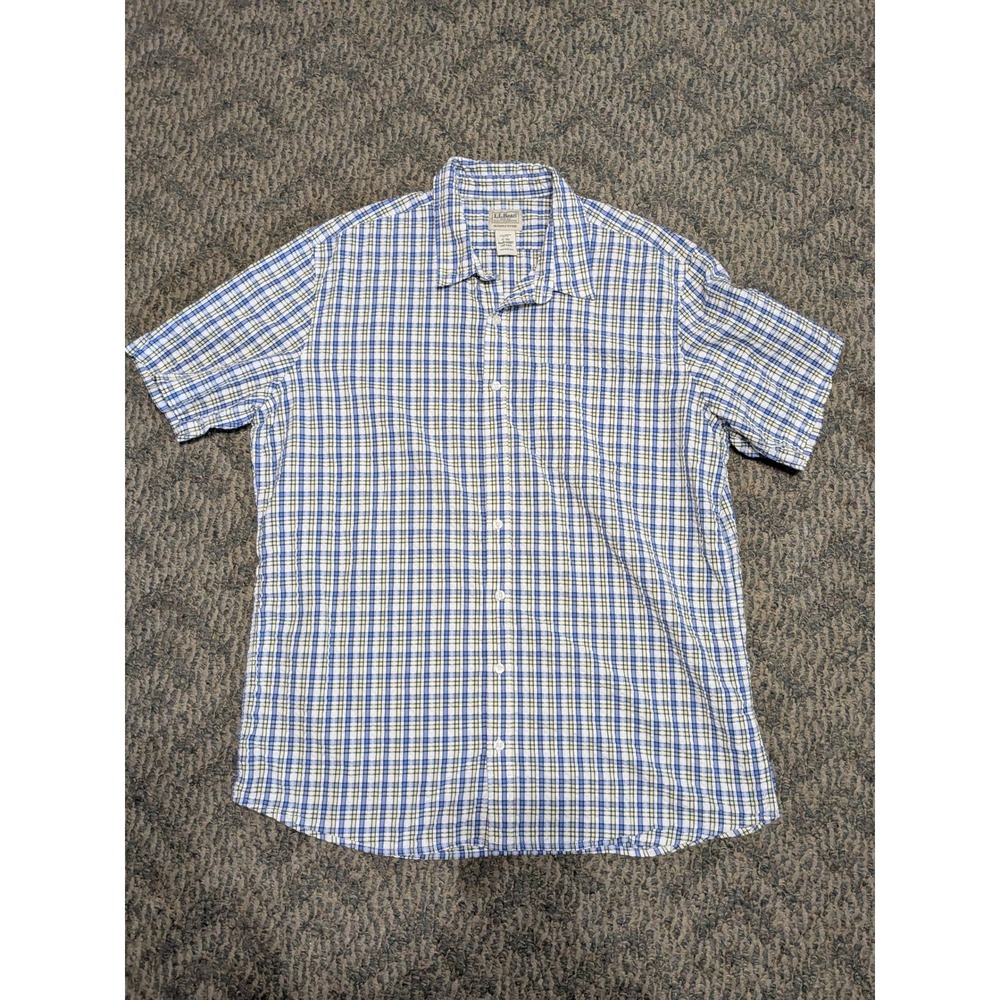 LL Bean Mens XL Tall Plaid Short Sleeve Button Down Shirt Blue Yellow 510607